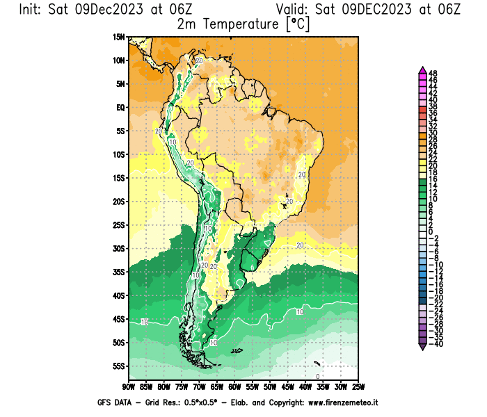 GFS analysi map - Temperature at 2 m above ground in South America
									on December 9, 2023 H06