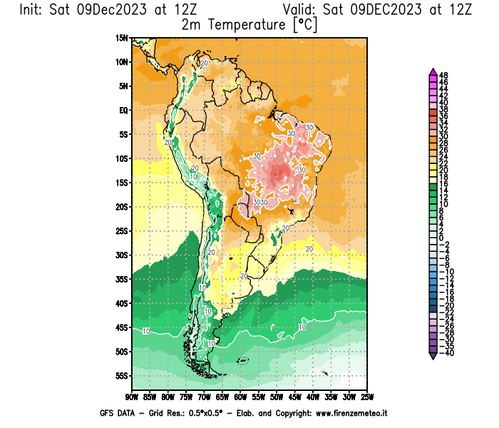 GFS analysi map - Temperature at 2 m above ground in South America
									on December 9, 2023 H12