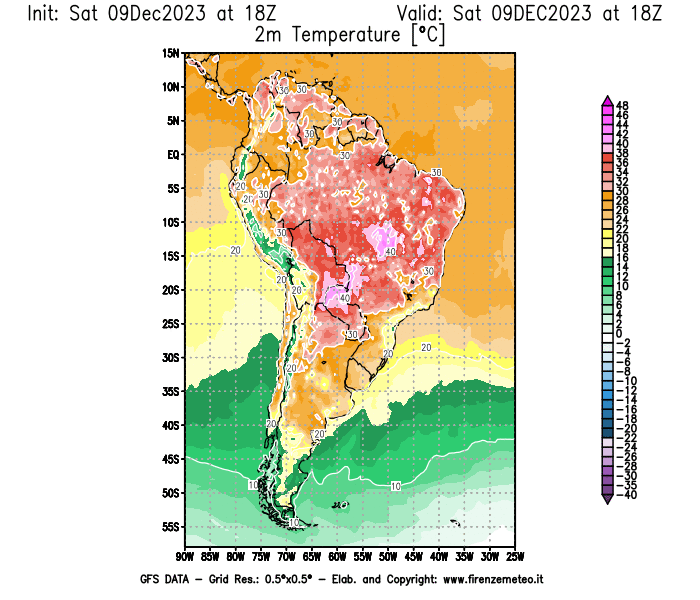 GFS analysi map - Temperature at 2 m above ground in South America
									on December 9, 2023 H18