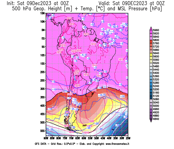 GFS analysi map - Geopotential + Temp. at 500 hPa + Sea Level Pressure in South America
									on December 9, 2023 H00