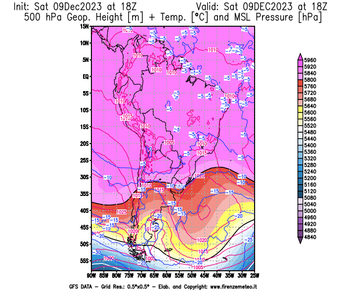 GFS analysi map - Geopotential + Temp. at 500 hPa + Sea Level Pressure in South America
									on December 9, 2023 H18