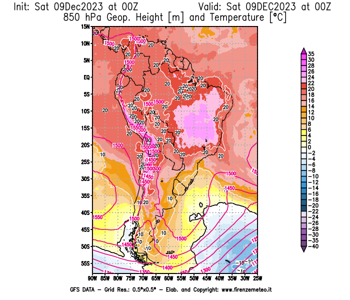 GFS analysi map - Geopotential and Temperature at 850 hPa in South America
									on December 9, 2023 H00
