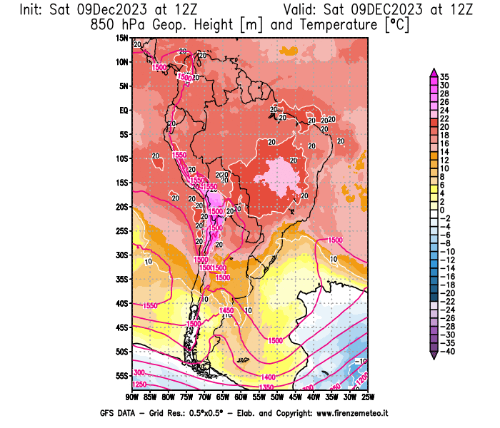 GFS analysi map - Geopotential and Temperature at 850 hPa in South America
									on December 9, 2023 H12