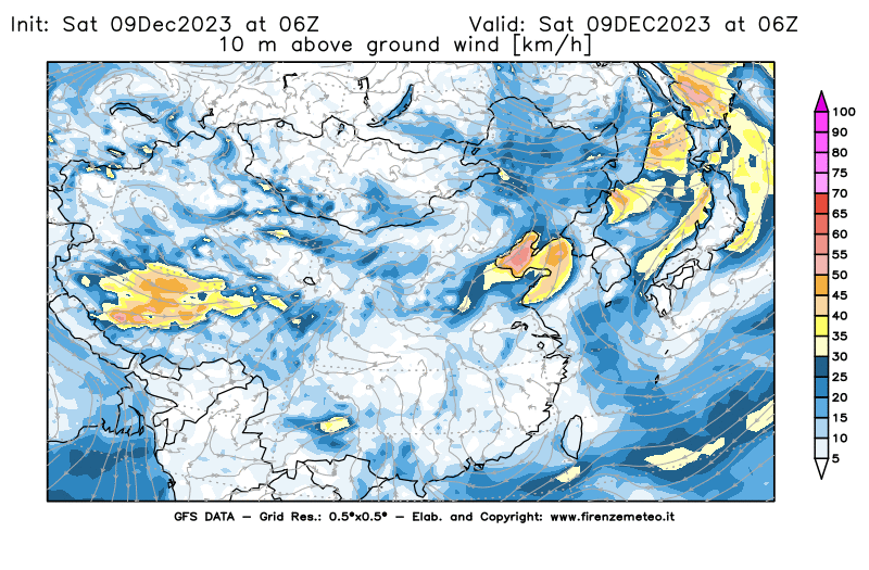 GFS analysi map - Wind Speed at 10 m above ground in East Asia
									on December 9, 2023 H06