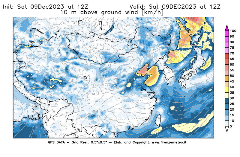 GFS analysi map - Wind Speed at 10 m above ground in East Asia
									on December 9, 2023 H12