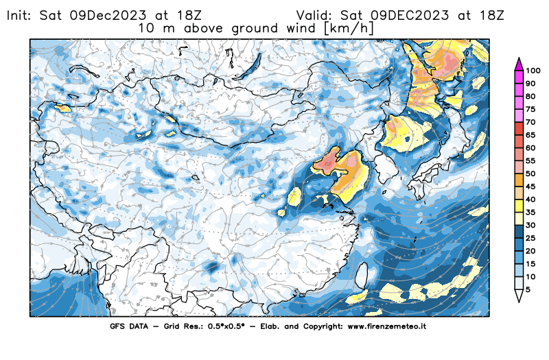 GFS analysi map - Wind Speed at 10 m above ground in East Asia
									on December 9, 2023 H18
