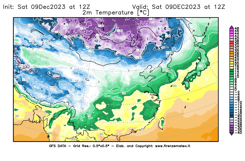 GFS analysi map - Temperature at 2 m above ground in East Asia
									on December 9, 2023 H12
