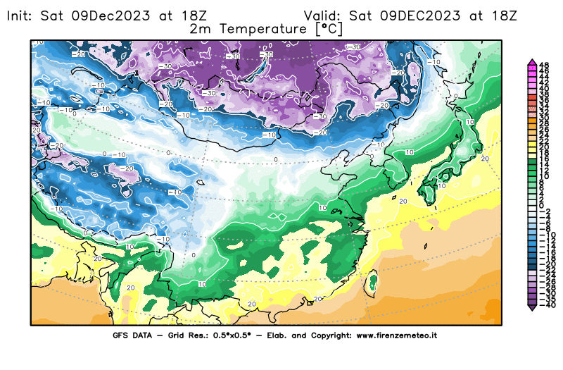 GFS analysi map - Temperature at 2 m above ground in East Asia
									on December 9, 2023 H18