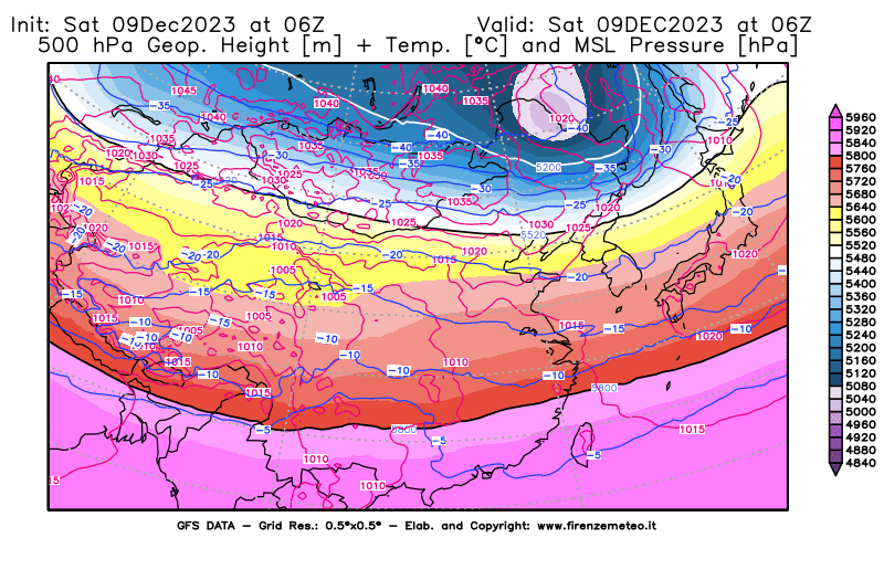 GFS analysi map - Geopotential + Temp. at 500 hPa + Sea Level Pressure in East Asia
									on December 9, 2023 H06