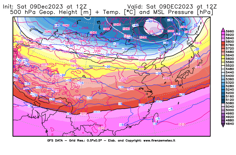 GFS analysi map - Geopotential + Temp. at 500 hPa + Sea Level Pressure in East Asia
									on December 9, 2023 H12
