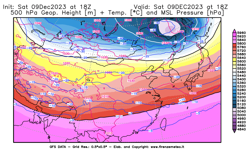 GFS analysi map - Geopotential + Temp. at 500 hPa + Sea Level Pressure in East Asia
									on December 9, 2023 H18