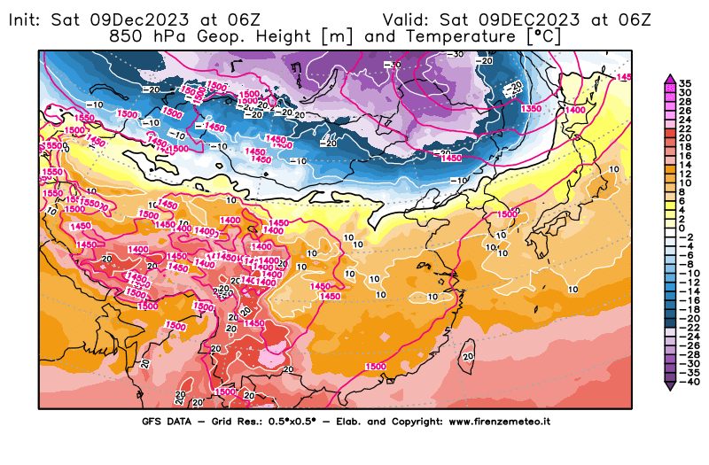 GFS analysi map - Geopotential and Temperature at 850 hPa in East Asia
									on December 9, 2023 H06