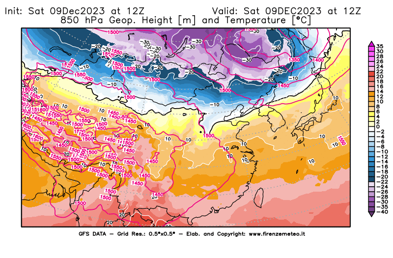 GFS analysi map - Geopotential and Temperature at 850 hPa in East Asia
									on December 9, 2023 H12