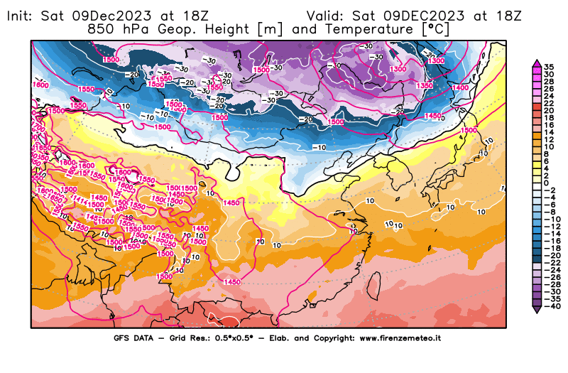 GFS analysi map - Geopotential and Temperature at 850 hPa in East Asia
									on December 9, 2023 H18