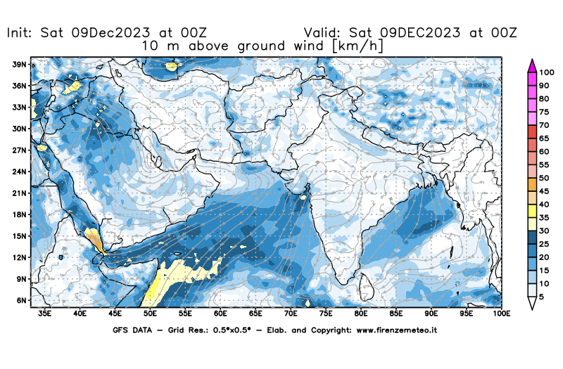 GFS analysi map - Wind Speed at 10 m above ground in South West Asia 
									on December 9, 2023 H00