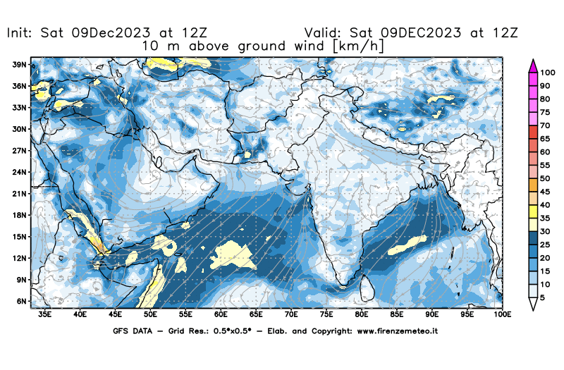 GFS analysi map - Wind Speed at 10 m above ground in South West Asia 
									on December 9, 2023 H12