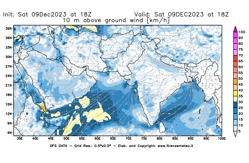 GFS analysi map - Wind Speed at 10 m above ground in South West Asia 
									on December 9, 2023 H18