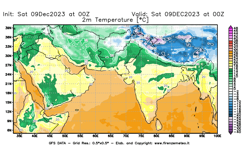 GFS analysi map - Temperature at 2 m above ground in South West Asia 
									on December 9, 2023 H00