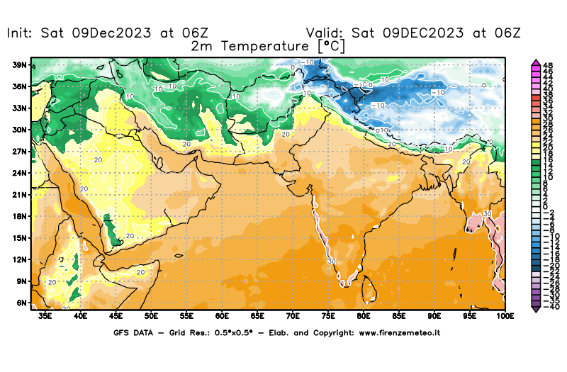 GFS analysi map - Temperature at 2 m above ground in South West Asia 
									on December 9, 2023 H06