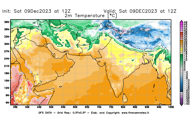 GFS analysi map - Temperature at 2 m above ground in South West Asia 
									on December 9, 2023 H12