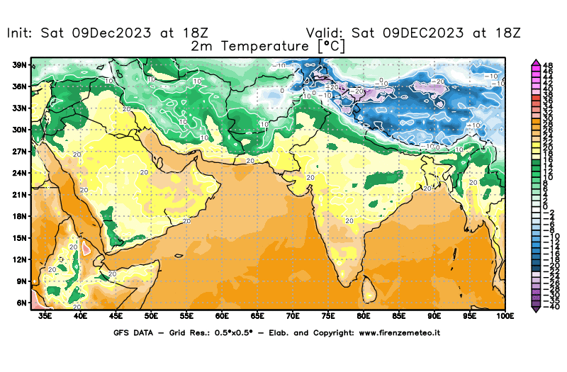 GFS analysi map - Temperature at 2 m above ground in South West Asia 
									on December 9, 2023 H18