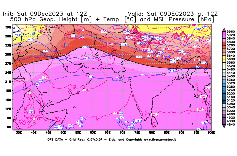 GFS analysi map - Geopotential + Temp. at 500 hPa + Sea Level Pressure in South West Asia 
									on December 9, 2023 H12