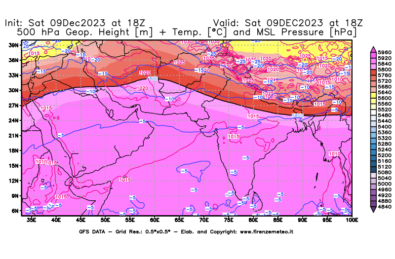 GFS analysi map - Geopotential + Temp. at 500 hPa + Sea Level Pressure in South West Asia 
									on December 9, 2023 H18