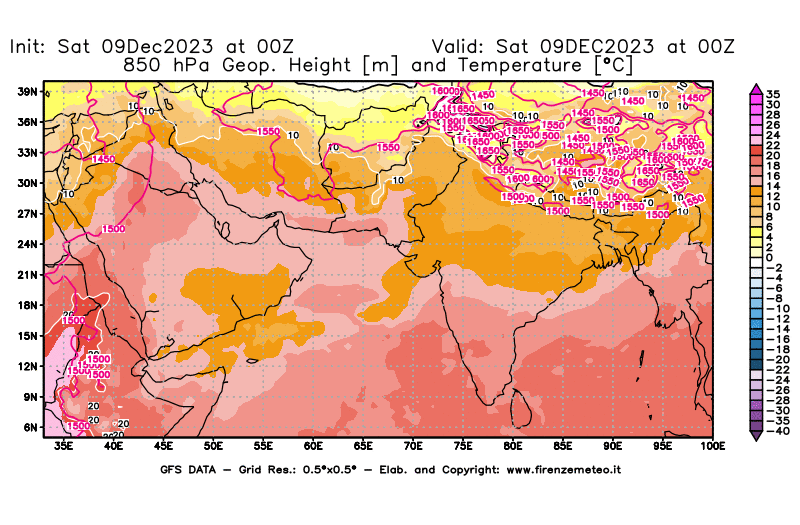 GFS analysi map - Geopotential and Temperature at 850 hPa in South West Asia 
									on December 9, 2023 H00