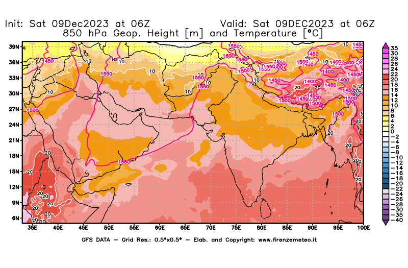 GFS analysi map - Geopotential and Temperature at 850 hPa in South West Asia 
									on December 9, 2023 H06