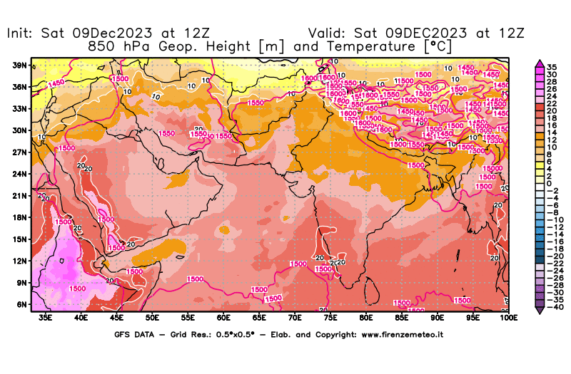 GFS analysi map - Geopotential and Temperature at 850 hPa in South West Asia 
									on December 9, 2023 H12