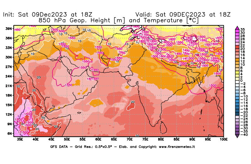 GFS analysi map - Geopotential and Temperature at 850 hPa in South West Asia 
									on December 9, 2023 H18