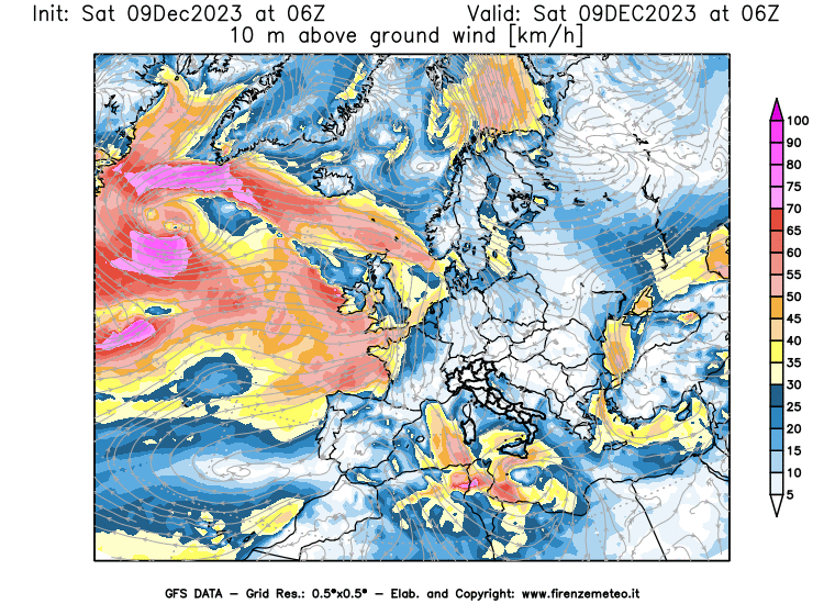 GFS analysi map - Wind Speed at 10 m above ground in Europe
									on December 9, 2023 H06