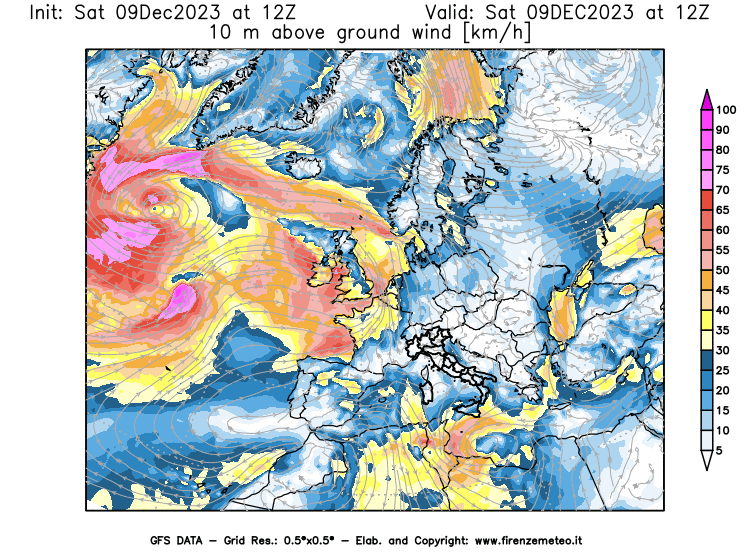 GFS analysi map - Wind Speed at 10 m above ground in Europe
									on December 9, 2023 H12