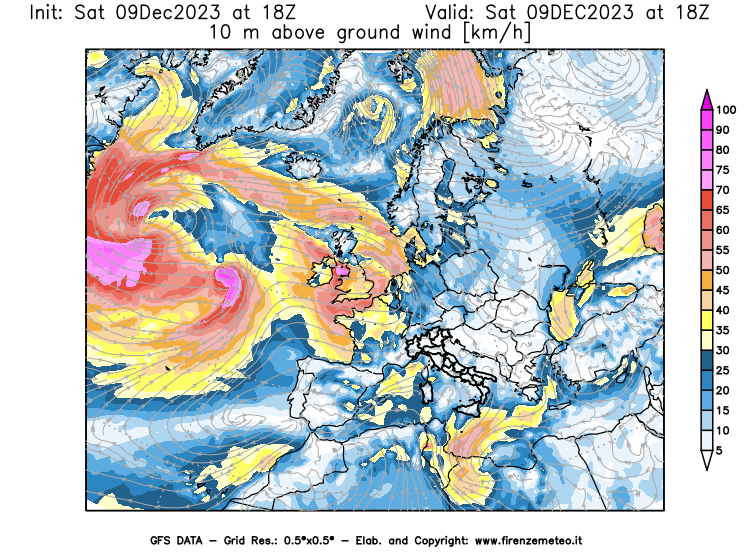 GFS analysi map - Wind Speed at 10 m above ground in Europe
									on December 9, 2023 H18