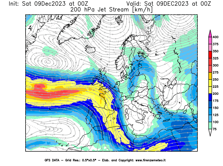 GFS analysi map - Jet Stream at 200 hPa in Europe
									on December 9, 2023 H00