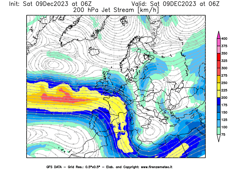 GFS analysi map - Jet Stream at 200 hPa in Europe
									on December 9, 2023 H06