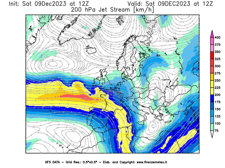 GFS analysi map - Jet Stream at 200 hPa in Europe
									on December 9, 2023 H12