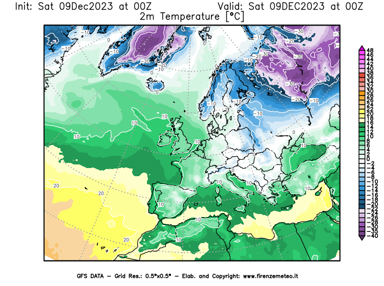 GFS analysi map - Temperature at 2 m above ground in Europe
									on December 9, 2023 H00
