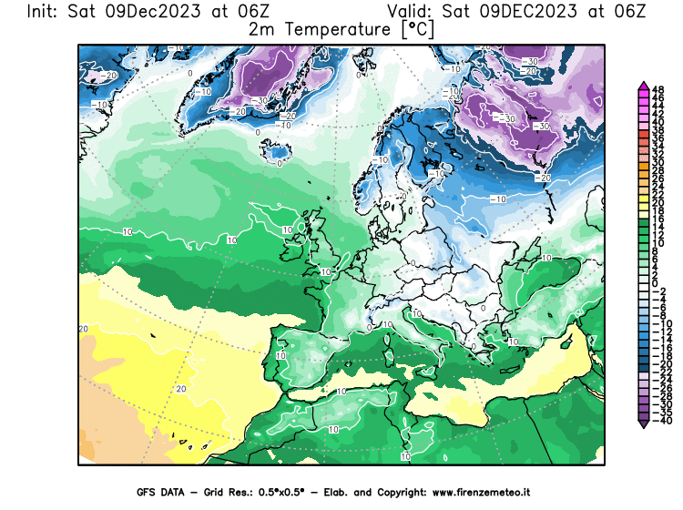 GFS analysi map - Temperature at 2 m above ground in Europe
									on December 9, 2023 H06