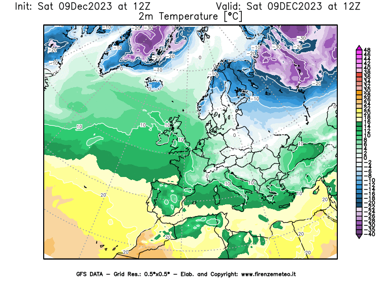 GFS analysi map - Temperature at 2 m above ground in Europe
									on December 9, 2023 H12