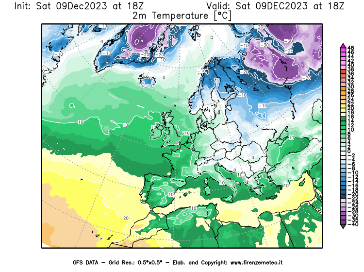 GFS analysi map - Temperature at 2 m above ground in Europe
									on December 9, 2023 H18