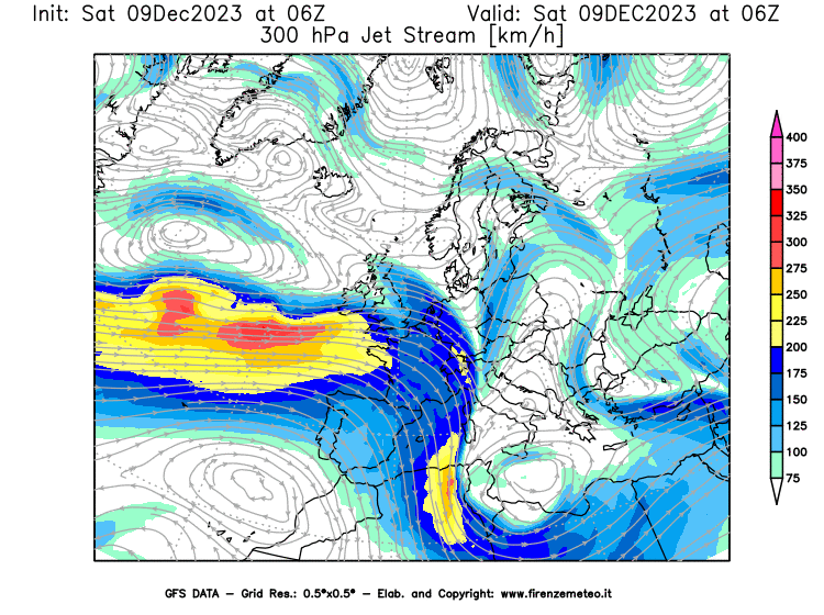 GFS analysi map - Jet Stream at 300 hPa in Europe
									on December 9, 2023 H06