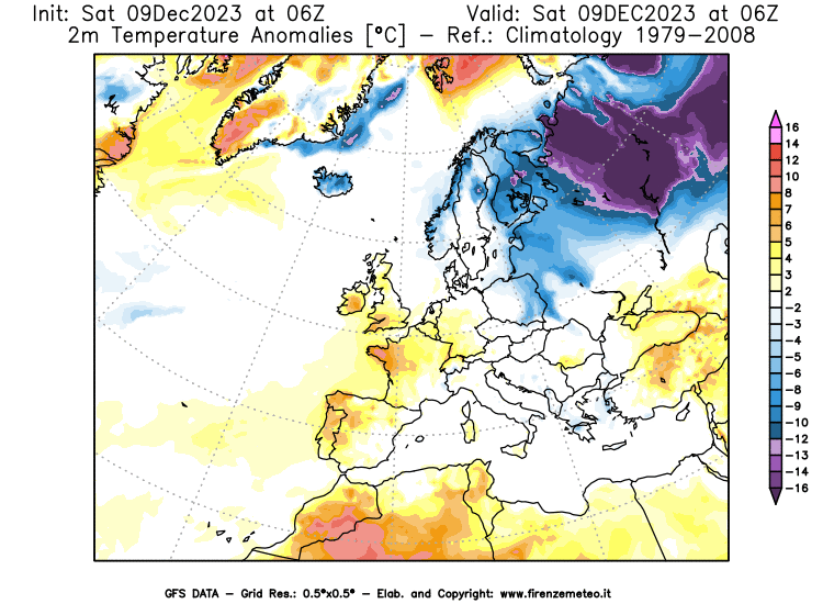 GFS analysi map - Temperature Anomalies at 2 m in Europe
									on December 9, 2023 H06