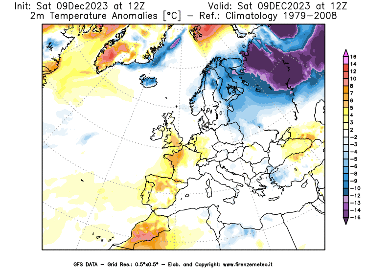 GFS analysi map - Temperature Anomalies at 2 m in Europe
									on December 9, 2023 H12