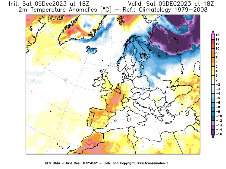 GFS analysi map - Temperature Anomalies at 2 m in Europe
									on December 9, 2023 H18