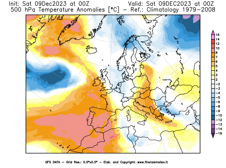 GFS analysi map - Temperature Anomalies at 500 hPa in Europe
									on December 9, 2023 H00