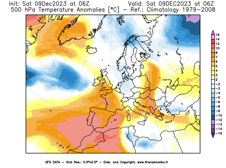GFS analysi map - Temperature Anomalies at 500 hPa in Europe
									on December 9, 2023 H06