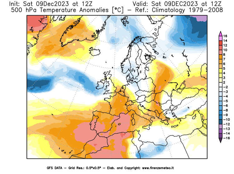 GFS analysi map - Temperature Anomalies at 500 hPa in Europe
									on December 9, 2023 H12