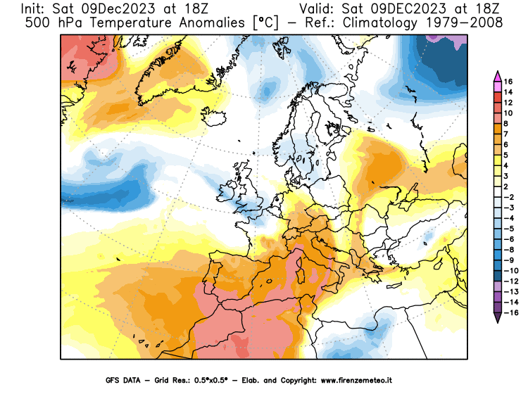 GFS analysi map - Temperature Anomalies at 500 hPa in Europe
									on December 9, 2023 H18