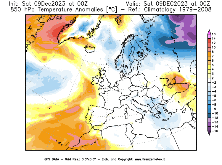GFS analysi map - Temperature Anomalies at 850 hPa in Europe
									on December 9, 2023 H00